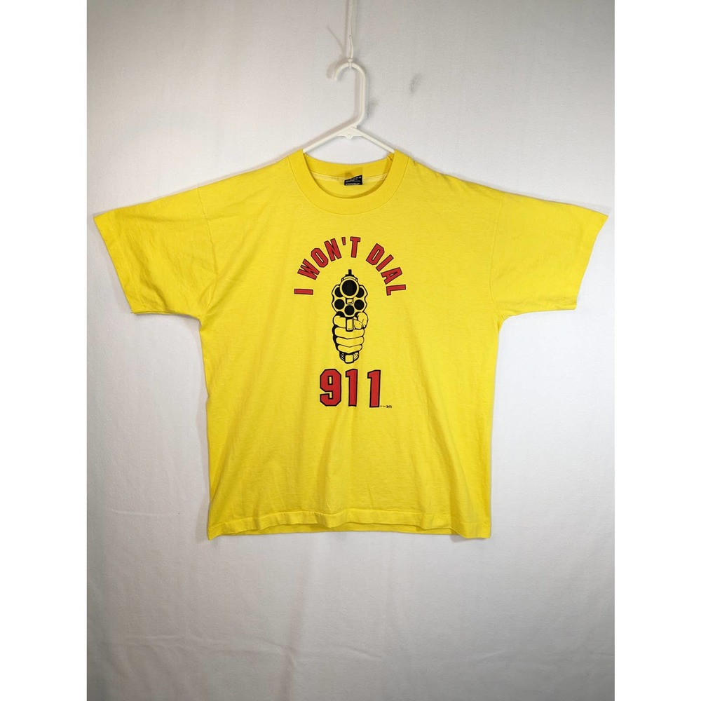 Adult XL Fruit of Looms Vintage I Won't Dial 911 Yellow/Mustard T-Shirt 1993